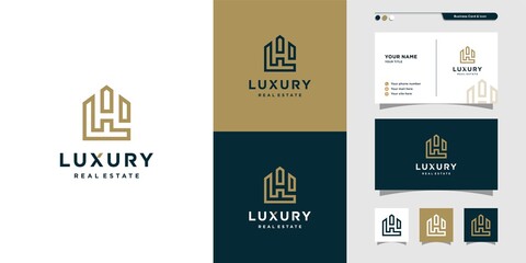 Wall Mural - Luxury real estate logo and business card design, business card design, modern, gold, building, construction Premium Vector