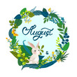 © MySunShine - Monthly calendar page with hand drawn lettering August and cute rabbit. Summer round card or background with white hear, butterflies, caterpillars, leaves, grass - flowers. Vector illustration.