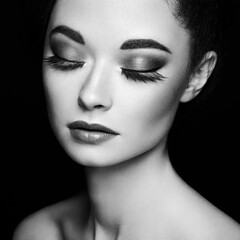 Beautiful woman face. Perfect makeup. Beauty fashion. Eyelashes. Cosmetic Eyeshadow. Black and white photo