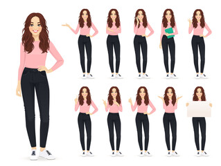 Young woman with long hair in casual style clothes set different gestures isolated vector iilustration