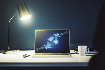 Aufkleber - Creative abstract robotics technology sketch with globe on modern laptop monitor, future technology and AI concept. 3D Rendering
