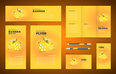 Wall Mural - Honey mead bee Set flyer cover, tri-fold, banner, roll up banner, business card yellow color