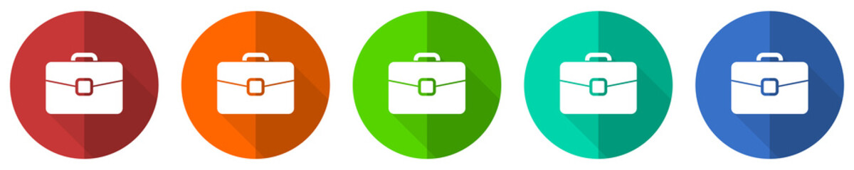 Aufkleber - Briefcase icon set, bag, case, business, red, blue, green and orange flat design web buttons isolated on white background, vector illustration