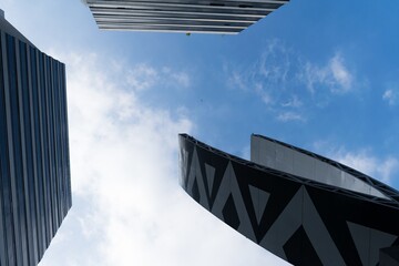 Wall Mural - Low angle shot of modern office buildings with blue sky in the background