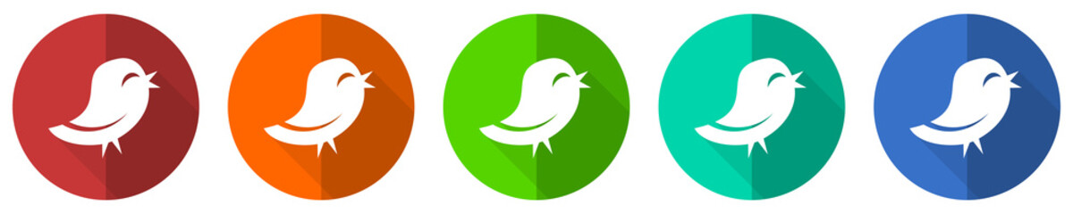 Fototapete - Twitter icon set, red, blue, green and orange flat design web buttons isolated on white background, vector illustration