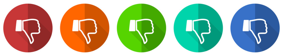 Aufkleber - Dislike icon set, red, blue, green and orange flat design web buttons isolated on white background, vector illustration