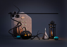 Halloween Holiday Card. A Set Of Realistic Objects: Candles, Lanterns, Pumpkins, Creepers, Black Roses And A Tombstone With Letters. 3D Illustration.