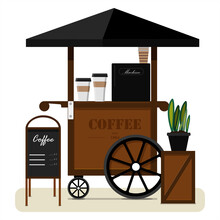 Street Cart Selling Coffee. Flat Vector Illustration Of A Portable Street Stall With A Canopy, Billboard And Coffee Machine. Stylish Wooden Counter With Coffee To Take Away. Street Food, Summer Mobile