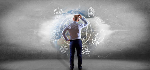 Poster - Businessman in front of a World globe surronding by ecology icons and connection 3d rendering