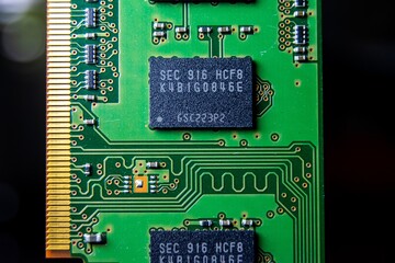 Closeup of a random access memory stick under the lights on a dark blurry background