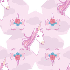 Wall Mural - Seamless pattern unicorns and stars on pink clouds background