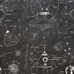 Seamless  kids space illustration drawn on by chalk on chalkboard 