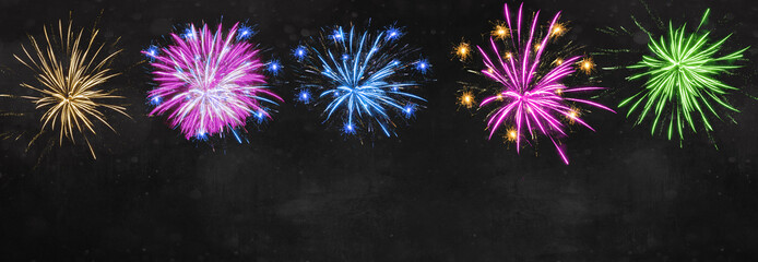 FIREWORK banner panorama, isolated template set - Many abstract colorful firework on black background