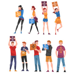 Wall Mural - Set of People with Placards and Paper Bags with No Plastic Bag Inscription, Reducing Plastic Campaign, Protection of Environment Concept Vector Illustration