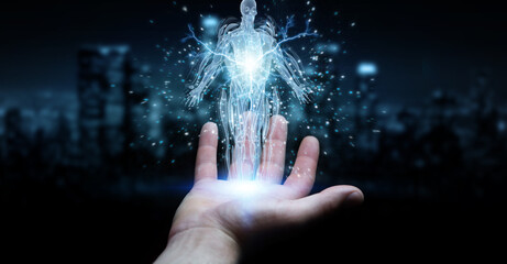 Poster - Man hand using digital x-ray human body holographic scan projection 3D rendering