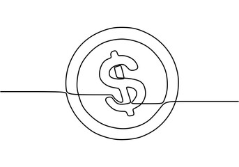 Wall Mural - Single continuous line art of coin money. Dollar coin icon isolated on white background. Finance technology banking. Money investment concept. Vector illustration for banner, web, design element