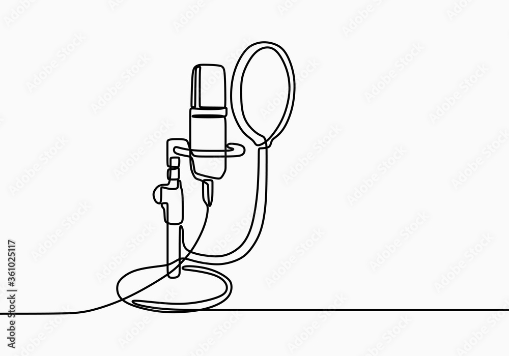 Continuous line drawing of vector radio station microphone icon. Podcast microphone hand draw minimalist design painted on white background. Outline sound recording concept single line art - obrazy, fototapety, plakaty 