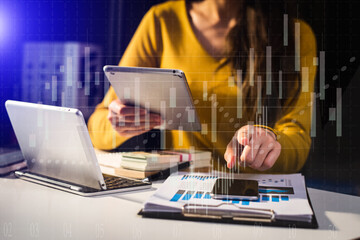 Intelligence (BI) and business analytics with key performance indicators dashboard concept. Two business colleague web designer discussing data and digital tablet at office
