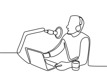 One continuous line drawing of a presenter or guest podcast speaks into a microphone. Young man sits in headphones at the microphone and broadcasts or podcast. Minimal design. Vector illustration