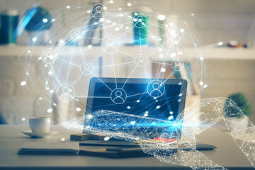 Aufkleber - Computer on desktop with social network theme icon. Multi exposure. Concept of international connections.