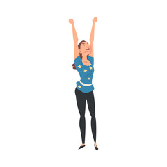 Sticker - Young Cheerful Woman Singing Along and Dancing at Concert Vector Illustration