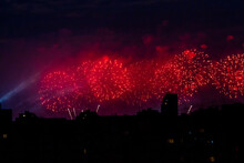 Red Fireworks In The Sky Above Saint Petersburg