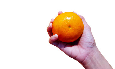 Hand holding fresh orange isolated on white background with clipping path or make selection. Select and Choice for buy food concept. Freshness or Organic fruit. Food with copy space