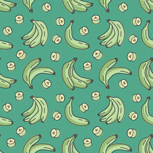 Green Bananas Icons Pattern. Bunch Of Bananas Seamless Background. Seamless Pattern Vector Illustration
