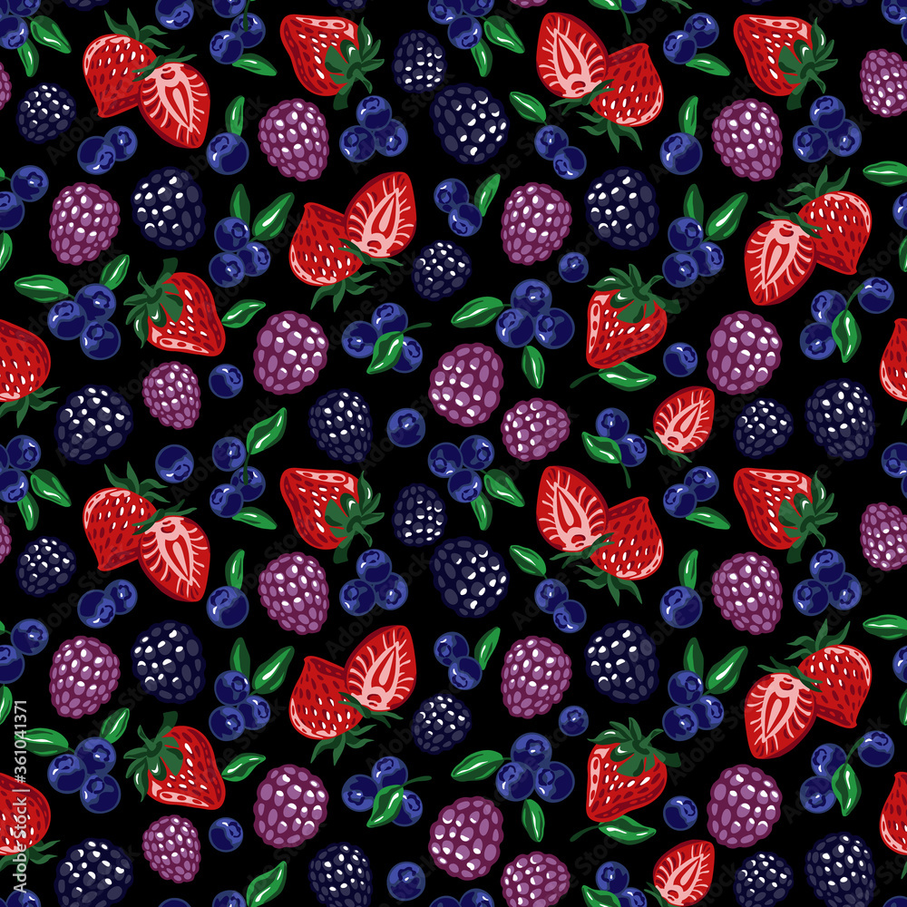 Berries seamless pattern on black background. Vector. Stock Vector ...