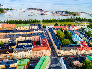 Wall Mural - Aerial sunset view of beautiful city Helsinki . Colorful sky and colorful buildings. Helsinki, Finland.	