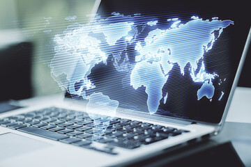 Poster - Multi exposure of abstract creative digital world map on laptop background, research and analytics concept
