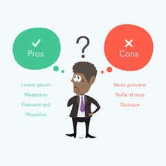 Aufkleber - Afro american businessman thinks about pros and cons. Easy to use for your website or presentation with place for your content.