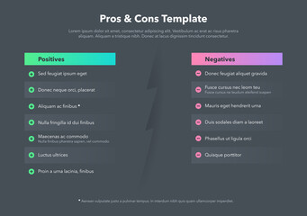 Poster - Simple infographic for pros and cons with place for your content - dark version. Easy to use for your website or presentation.