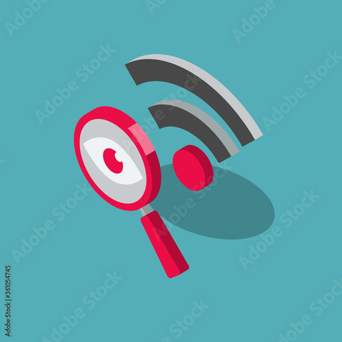Fotomural Public wi-fi security risks symbol with a magnifier and a wi-fi symbol, isolated on blue background