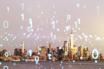 Poster - Abstract virtual binary code hologram on New York cityscape background, AI and machine learning concept. Multiexposure