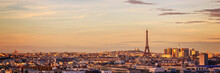 Aerial Panoramic View Of Paris With The Eiffel Tower At Sunset, France And Europe City Travel Concept