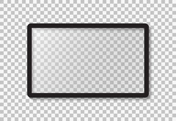 Poster - TV screen. Frame of monitor on wall. Led display isolated on transparent background. 4k video on television. lcd widescreen mockup. Blank hanging plasma for electronic presentation. Vector.