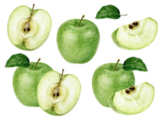 Set of Granny Smith green apple watercolor illustration isolated on white background