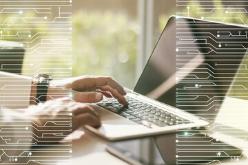 Poster - Creative abstract micro circuit sketch and hands typing on computer keyboard on background, future technology and AI concept. Double exposure