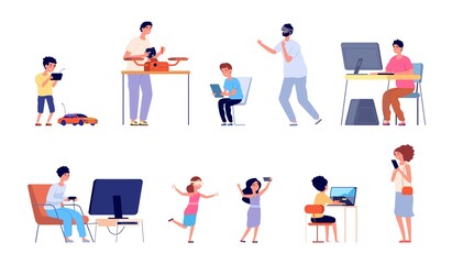 Wall Mural - Game addiction. Father son playing video games, adult and kids computer gamers. Internet tv watching, people and modern hobby vector set. People gaming with joystick or vr illustration