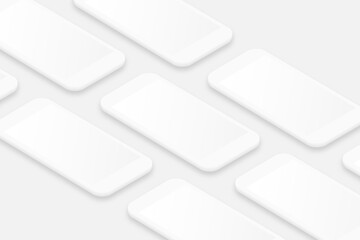 Poster - White smartphones mockup with blank screen. Realistic cell phones frames with shadow. 3d isometric smartphones in perspective view for design of moving presentation, application. UI design. Vector