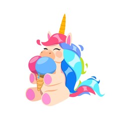 Sticker - Happy unicorn with ice cream. Little magic horse eating tasty dessert. Cafe bar bakery or coffee shop print design. Isolated sweet vector illustration. Happy unicorn with ice cream, animal eat dessert