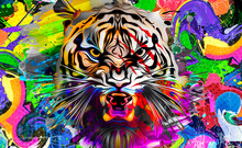 Grunge Background With Graffiti And Painted Tiger