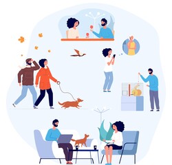 Canvas Print - One couple life. Daily routine, cozy home lifestyle. Self isolation period, man woman living together. People drinking coffee, walking dog, calling parents and communicate vector illustration