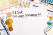 © Superzoom - Desktop office desk, notebook, glasses, pen and documents with FLSA Fair Labor Standards Act on a table