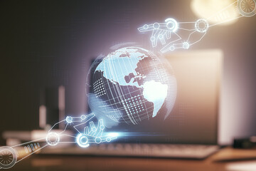 Poster - Double exposure of robotics technology with world map hologram on laptop background. Research and development software concept