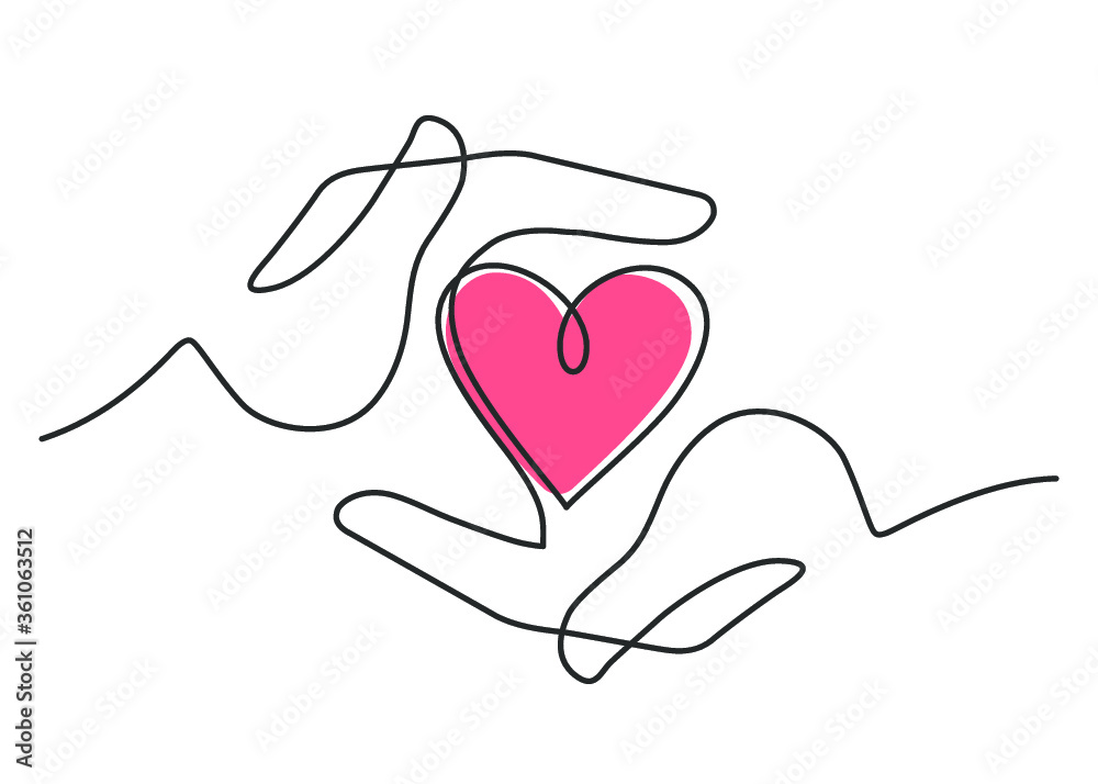 Continuous line drawing of red heart between two  human hands meaning care and love.  Vector illustration - obrazy, fototapety, plakaty 
