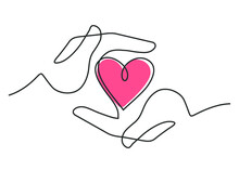 Continuous Line Drawing Of Red Heart Between Two  Human Hands Meaning Care And Love.  Vector Illustration