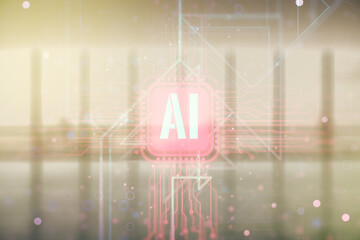 Poster - creative artificial intelligence symbol hologram on modern interior background. double exposure