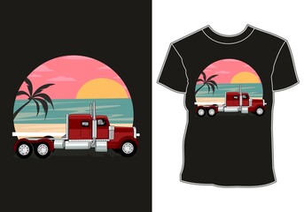 summer vacation, the car is parked on the seafront with a sunset view and coconut trees, t shirt design